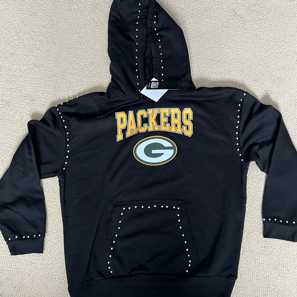 NWT Packers NFL Black Hoodie with Silver Stud Accents Women’s XXL